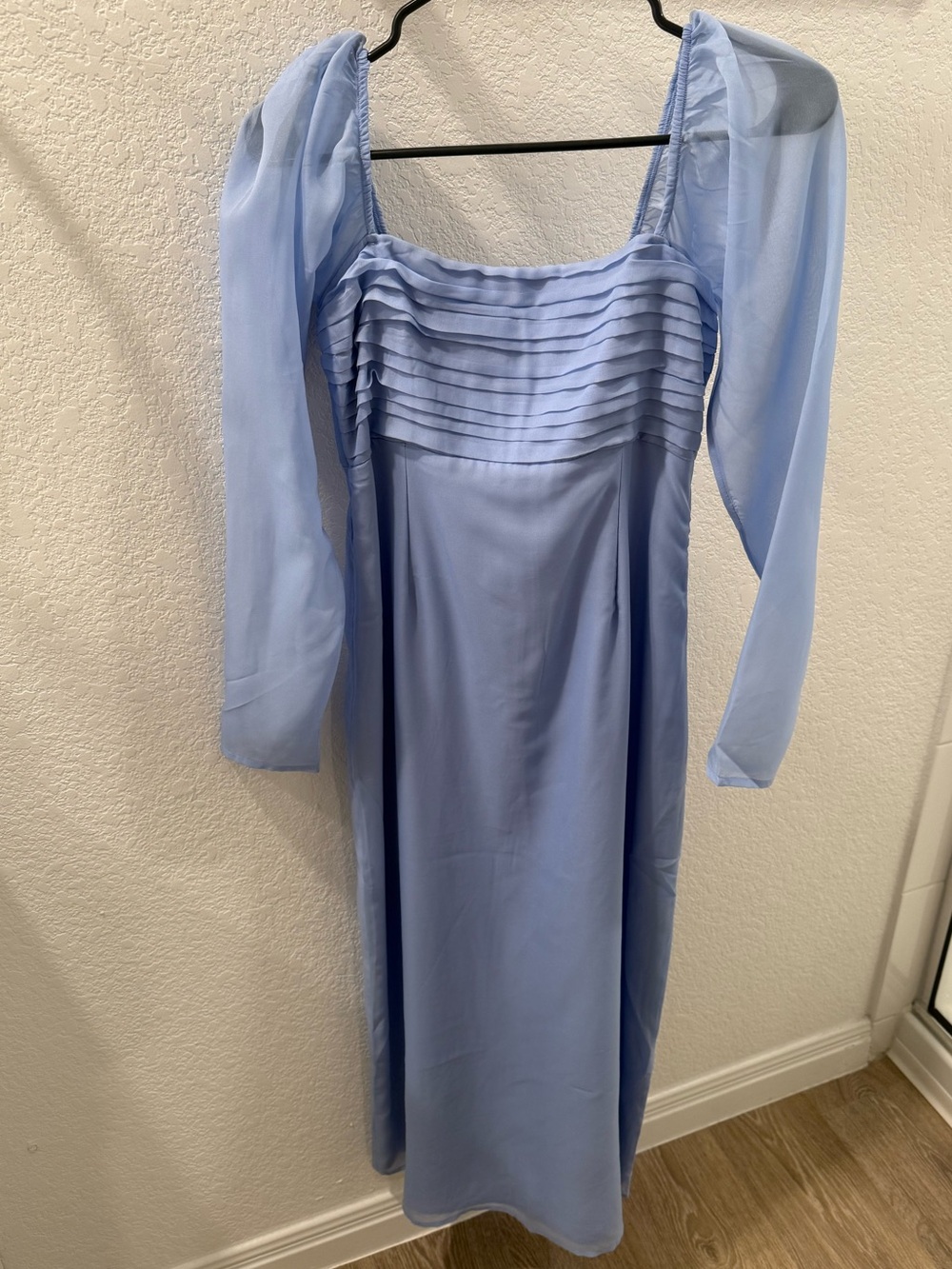 Abercrombie & Fitch Light Blue Square-Neck Midi Dress with Sheer Long Sleeves